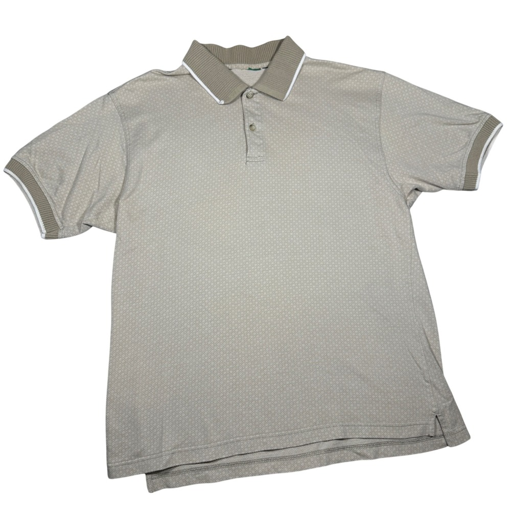 Vintage Tan Geometric Diamond Pattern Polo Shirt Short Sleeve Beige Mens Large